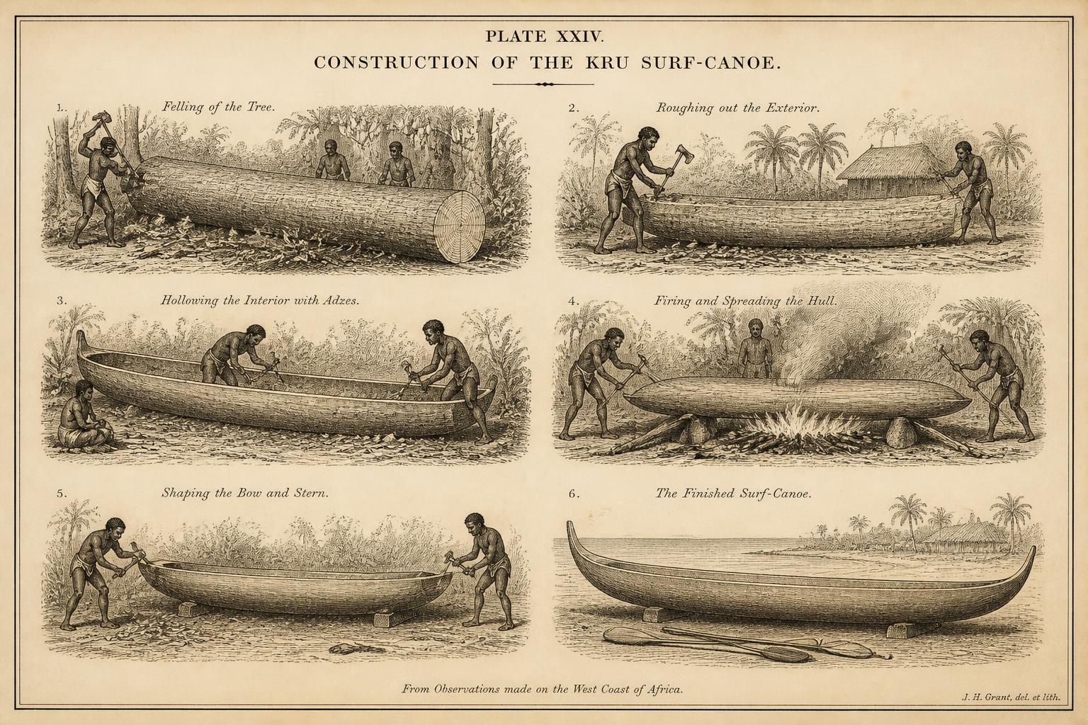 Figure 2. Stages of dugout canoe construction in the Kru tradition