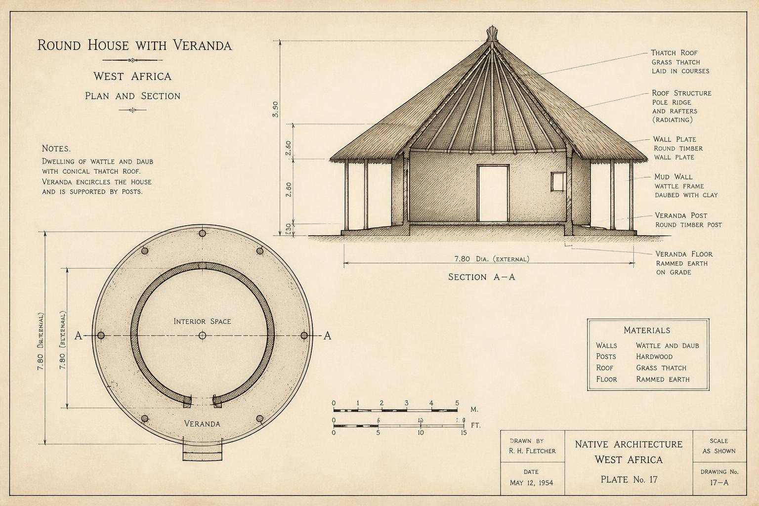 Figure 3. Plan and elevation of a round thatched dwelling with veranda