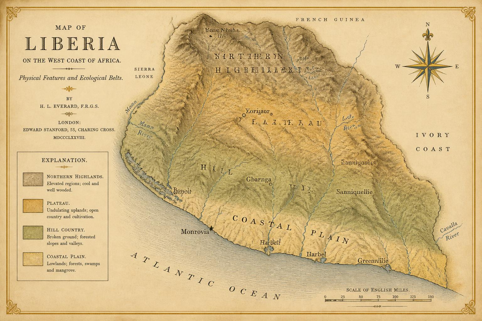 Map 1. Physical Liberia: relief, drainage, and the four ecological belts