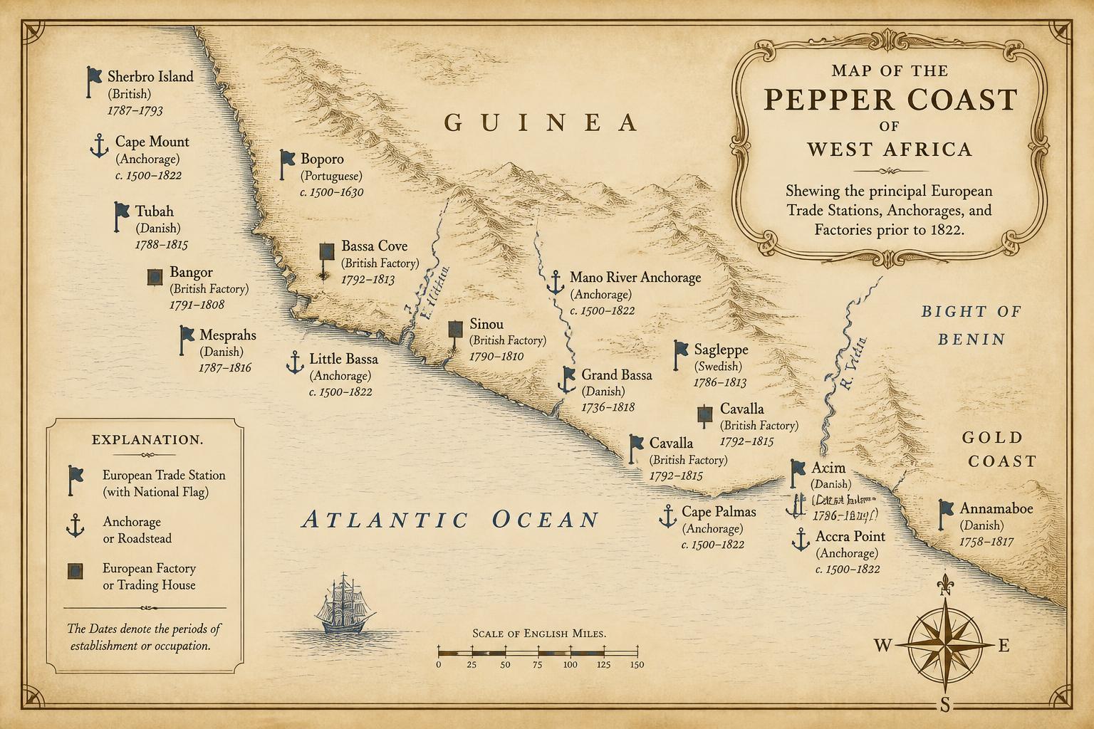 European trade stations, anchorages, and factories before 1822