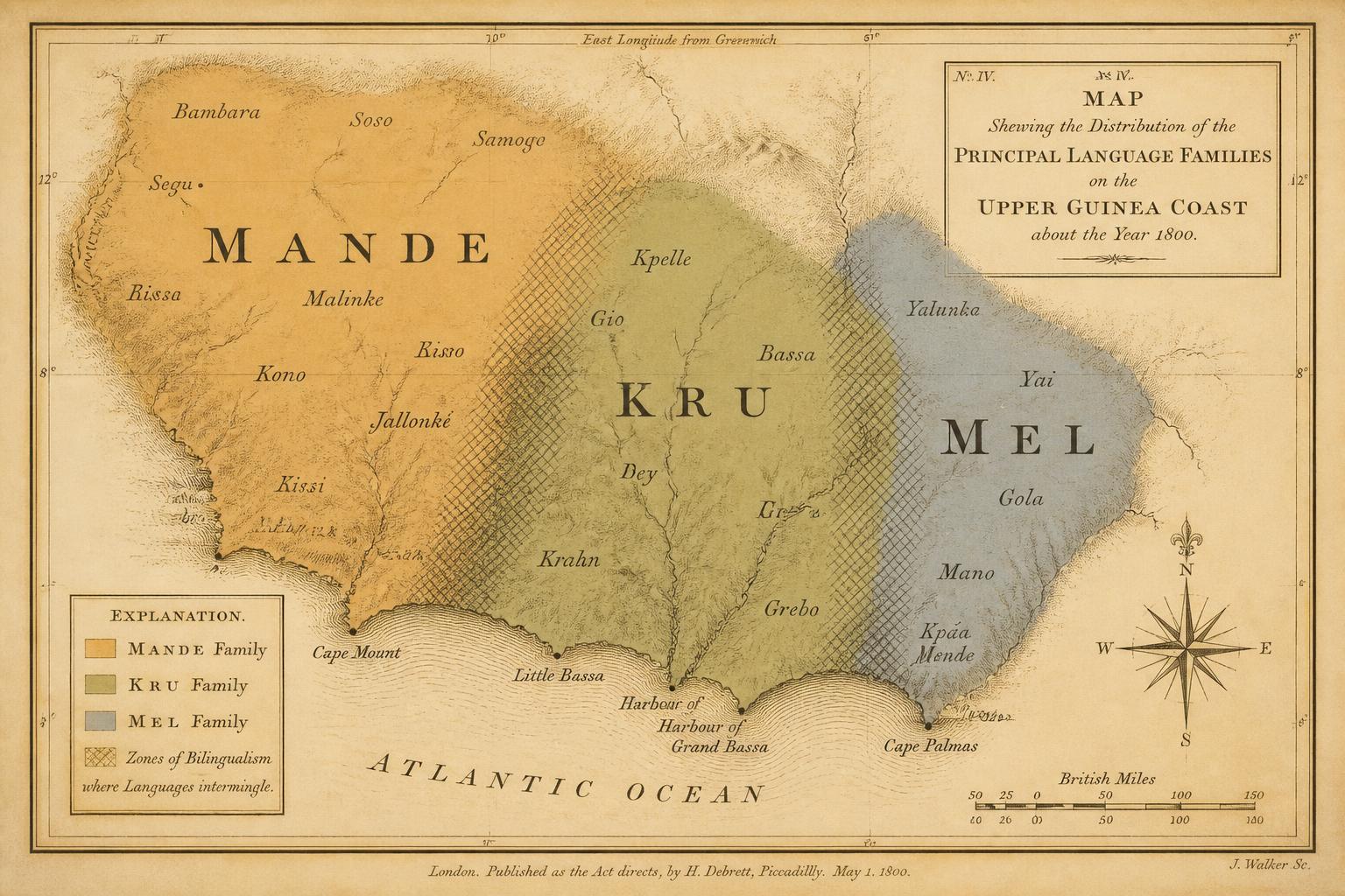 Map 5. Language families of the Upper Guinea Coast: Mande, Kru, and Mel
